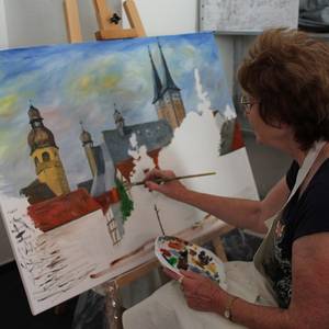 Für einige Arbeiten wählten die Pleinair-Teilnehmer die Jakobskirche als Motiv.